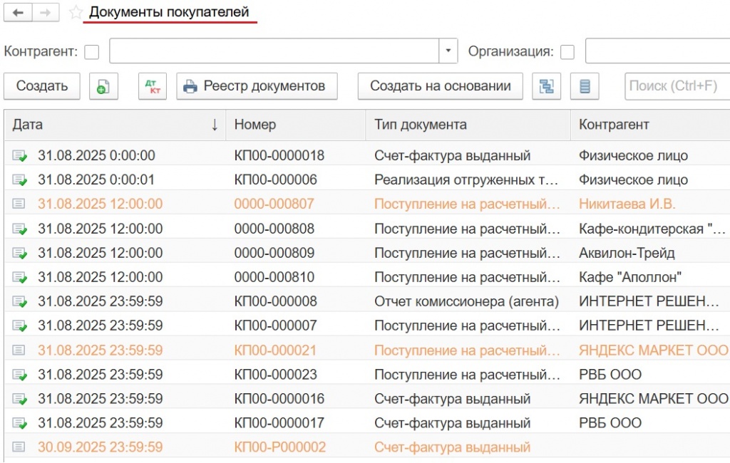Журнал документов с выделенными не проведёнными документами