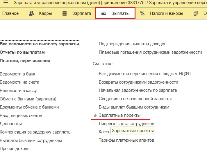 Интерфейс 1С ЗУП: раздел Выплаты, подраздел Зарплатные проекты